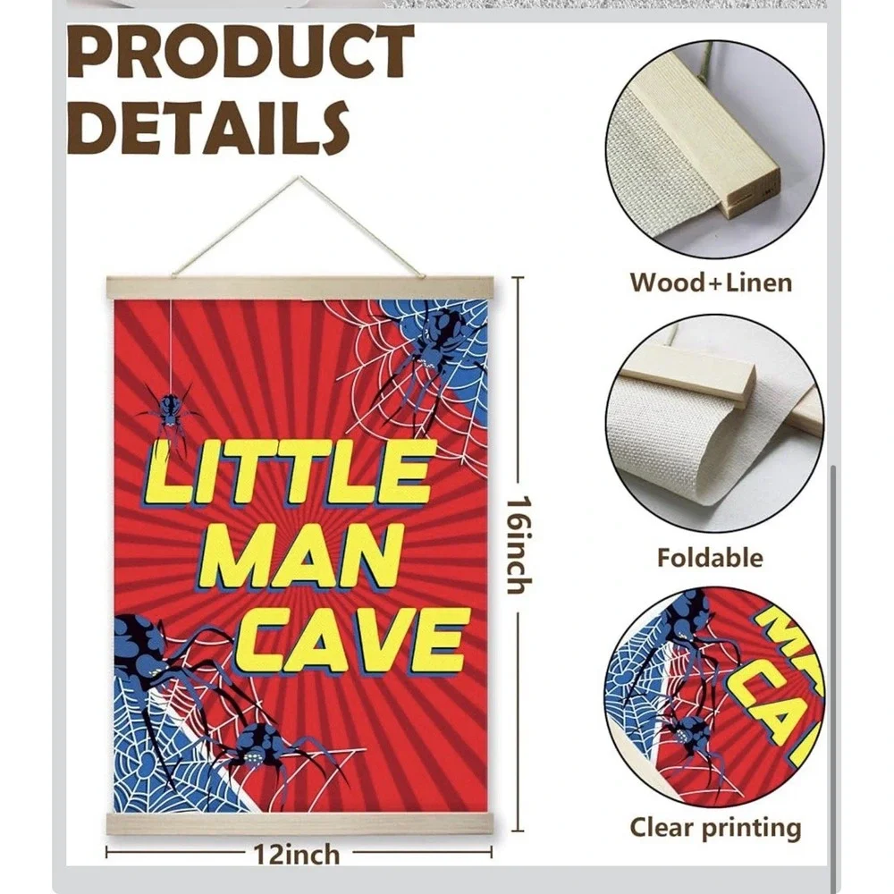 Spider Little Man Cave Sign Hanging Wall Flags Canvas Banner 12x16 Inch